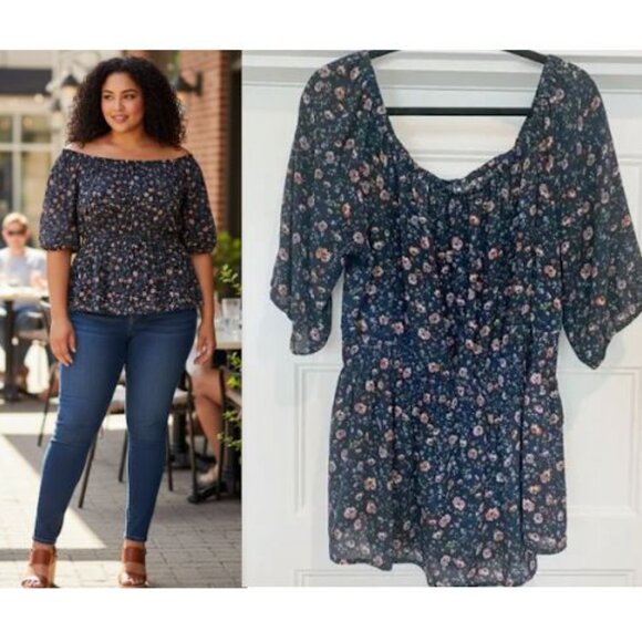 Lane Bryant Floral Fancy Off-Shoulder Top, Navy Blue, Size 1X - Picture 1 of 7